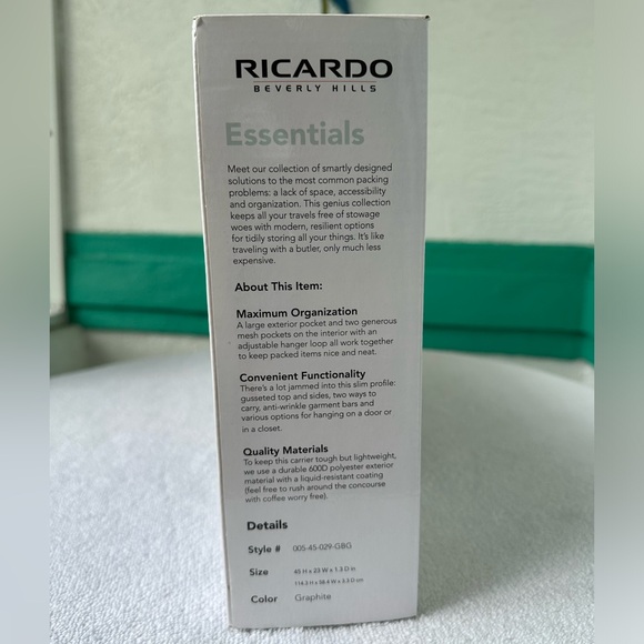 Ricardo Beverly Hills Garment Carrier Graphite NWT Packing Travel Essentials - Picture 9 of 14